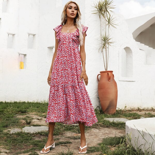 

Ditsy Floral Print Butterfly Sleeve Ruffle Hem Dress, Multicolor
