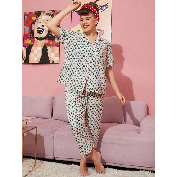 

Plus Allover Floral Contrast Piping Pajama Set, Multicolor