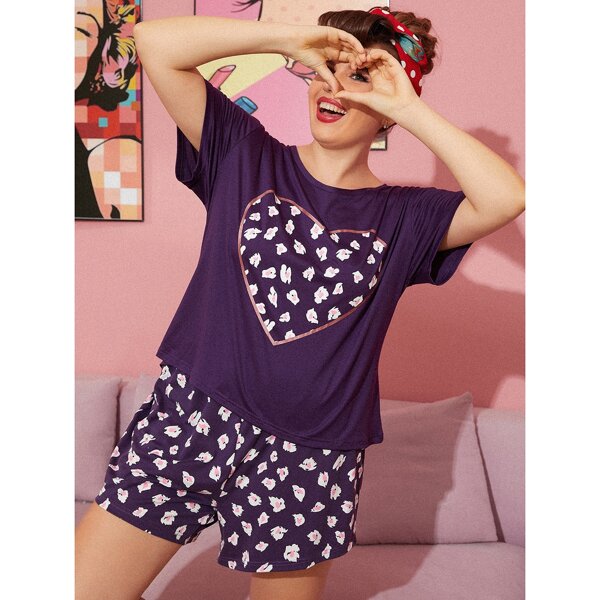 

Plus Floral And Heart Print Pajama Set, Purple
