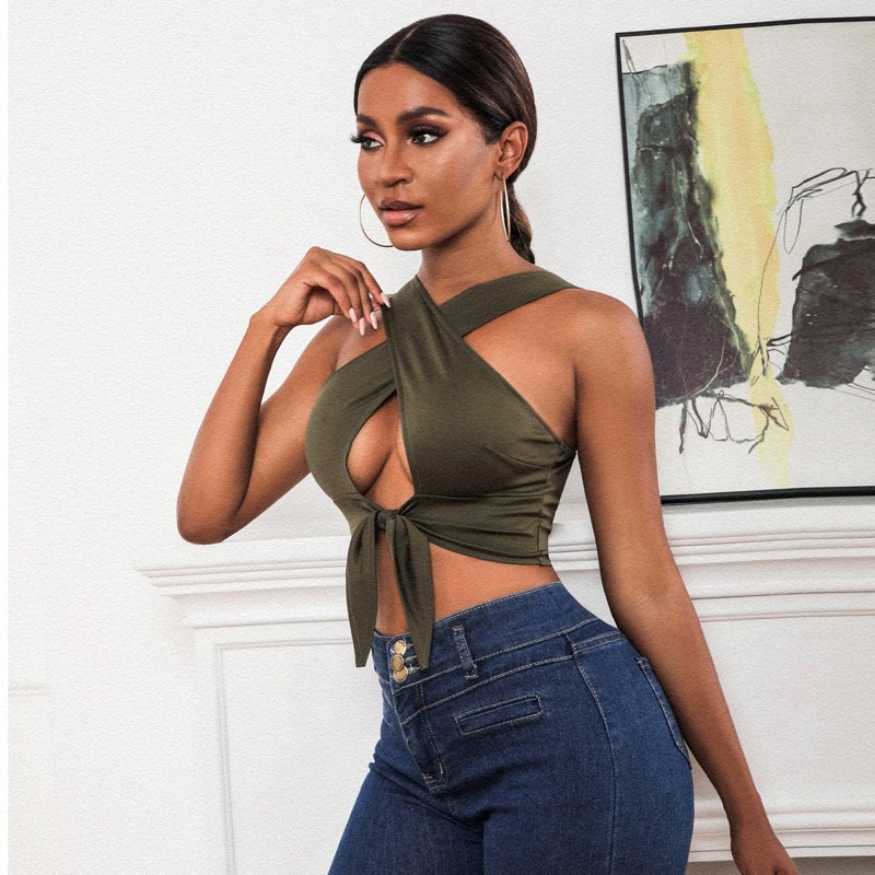 

Cross Wrap Front Peekaboo Tie Hem Crop Top, Army green