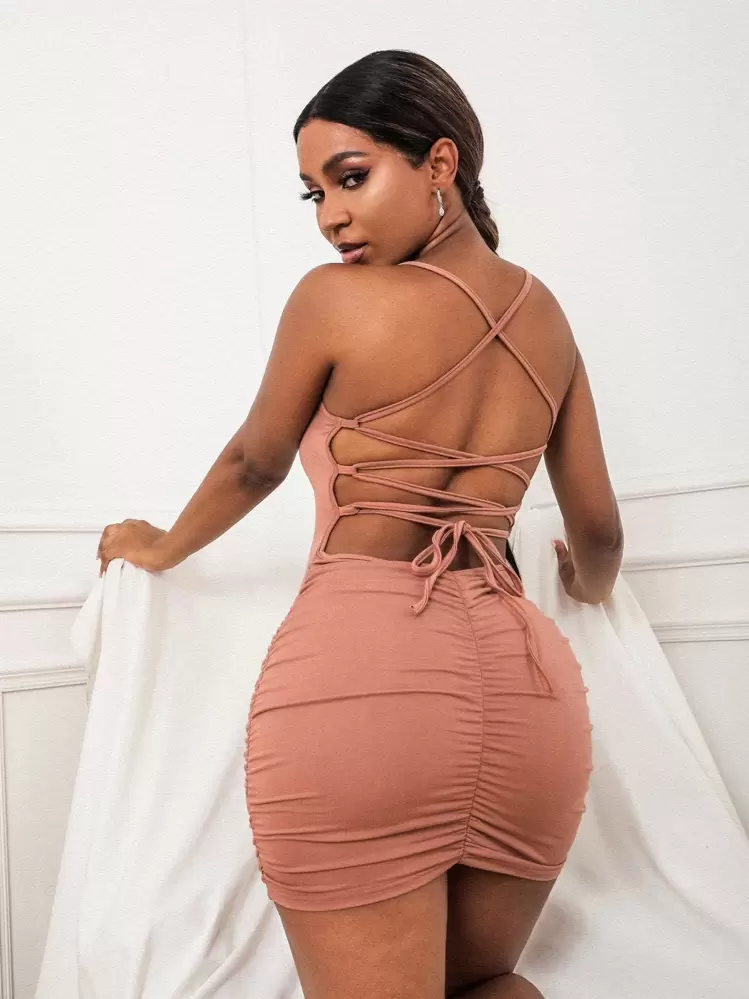 SHEIN SXY Lace-up Open Back Ruched Bodycon Dress | SHEIN USA