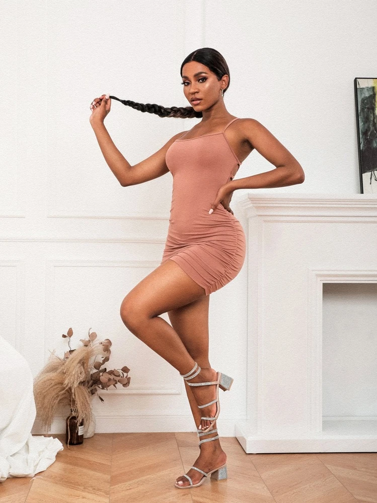 SHEIN SXY Lace-up Open Back Ruched Bodycon Dress | SHEIN USA