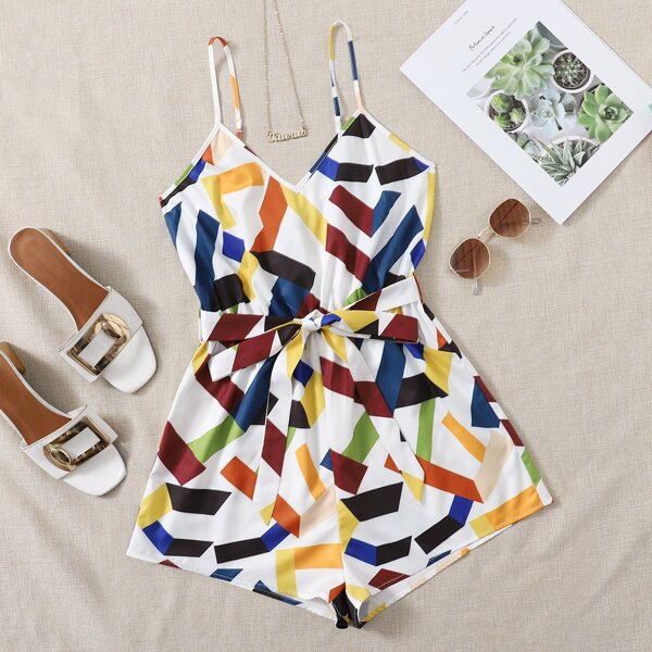 

Geo Print Self Belted Romper, Multicolor