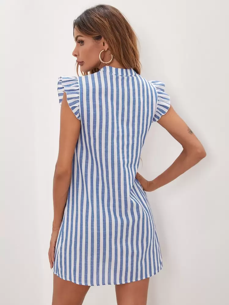 SHEIN Clasi 荷葉邊袖口條紋直筒洋裝不附帶腰帶 - 藍白色 - 查看 2