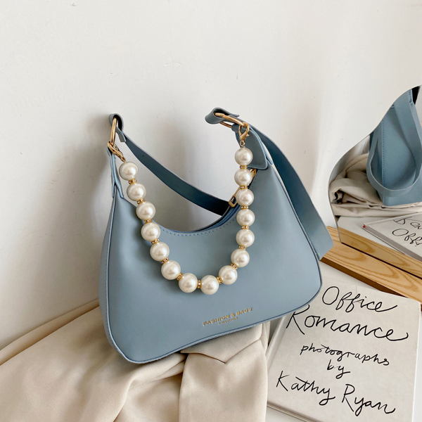 

Faux Pearl Decor Baguette Bag, Blue