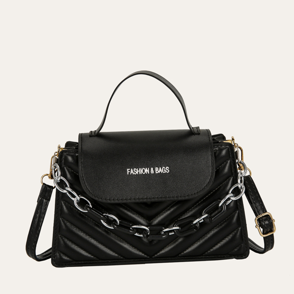 

Letter Graphic Quilted Satchel Bag, Black
