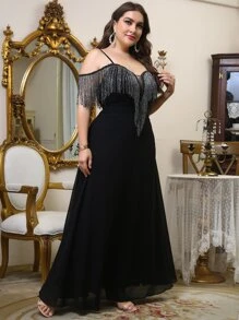 SHEIN Belle Plus Fringe Trim Cold Shoulder Dress - Black - View 4