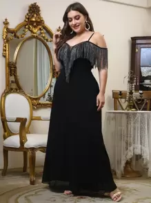 SHEIN Belle Plus Fringe Trim Cold Shoulder Dress - Black - View 5