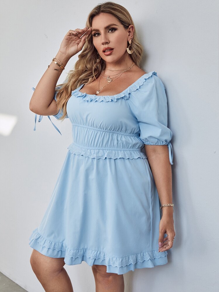 SHEIN Plus Scoop Neck Puff Sleeve Dress - Baby Blue - View 1
