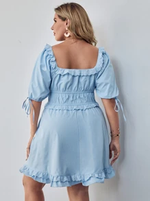 SHEIN Plus Scoop Neck Puff Sleeve Dress - Baby Blue - View 2