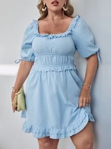 SHEIN Plus Scoop Neck Puff Sleeve Dress - Baby Blue - View 3