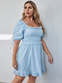 SHEIN Plus Scoop Neck Puff Sleeve Dress - Baby Blue - View 4