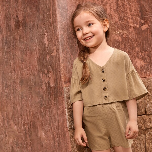 

100% VISCOSE Toddler Girls Flounce Sleeve Blouse & Shorts Set, Camel