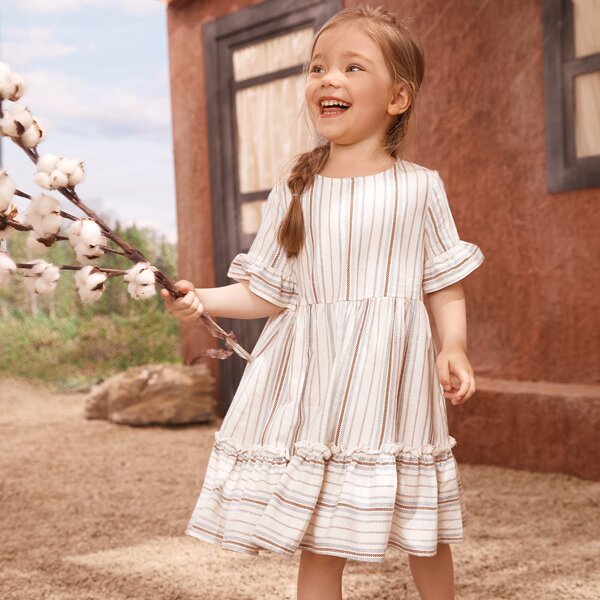 

Toddler Girls 100% COTTON Flounce Sleeve Ruffle Hem Striped Dress, Multicolor