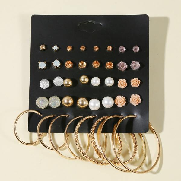 

20pairs Rhinestone & Faux Pearl Decor Earrings, Multicolor