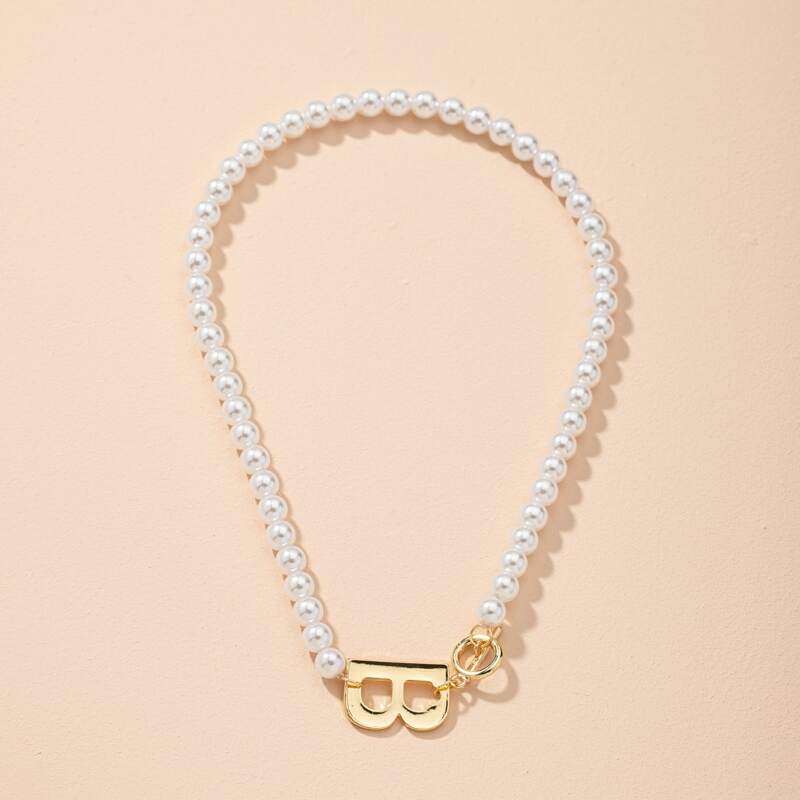 

Letter Faux Pearl Beaded Necklace, Gold