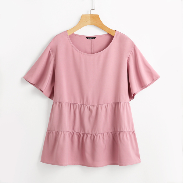 

Plus Flounce Sleeve Ruffle Hem Blouse, Pink