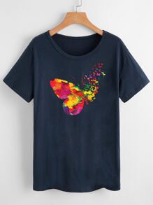 SHEIN LUNE Camisetas Animal Casual - Azul Marino - Ver 1