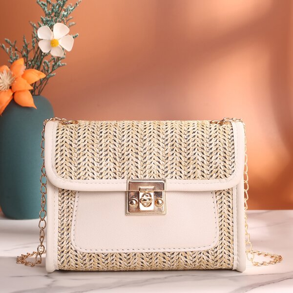 

Contrast Binding Twist Lock Straw Bag, Beige