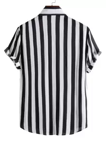 Manfinity Homme Men Vertical Striped Urban Button Up Short Sleeve Shirt, For Husband - Black and White - View 2