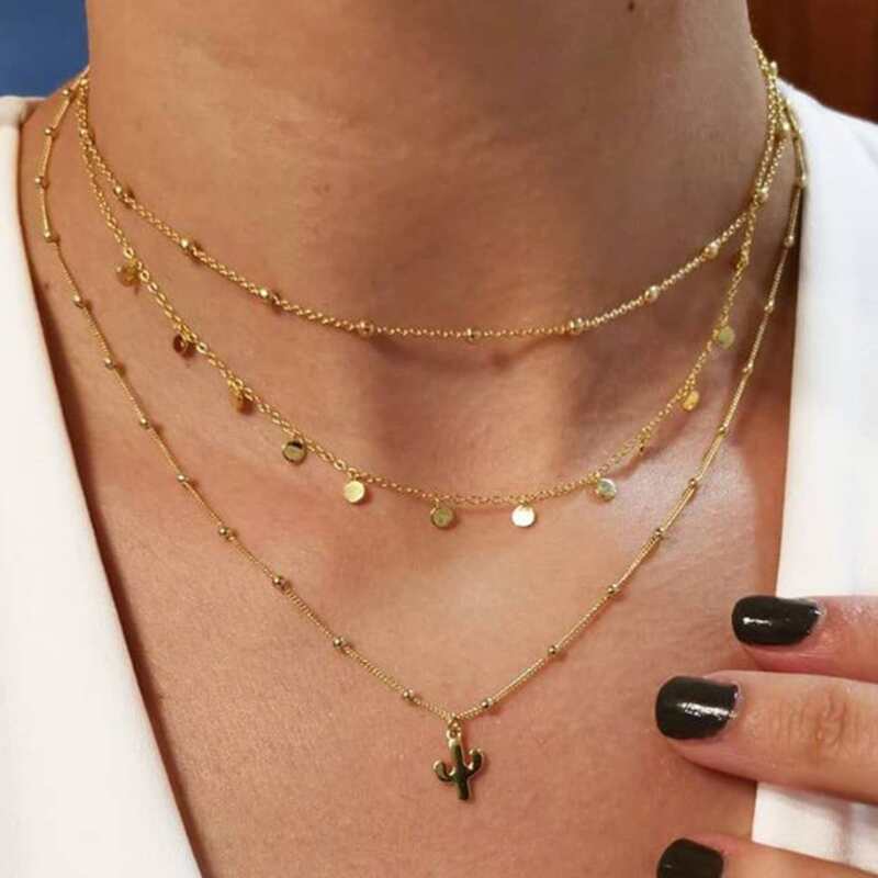 

Cactus & Disc Layered Necklace, Gold