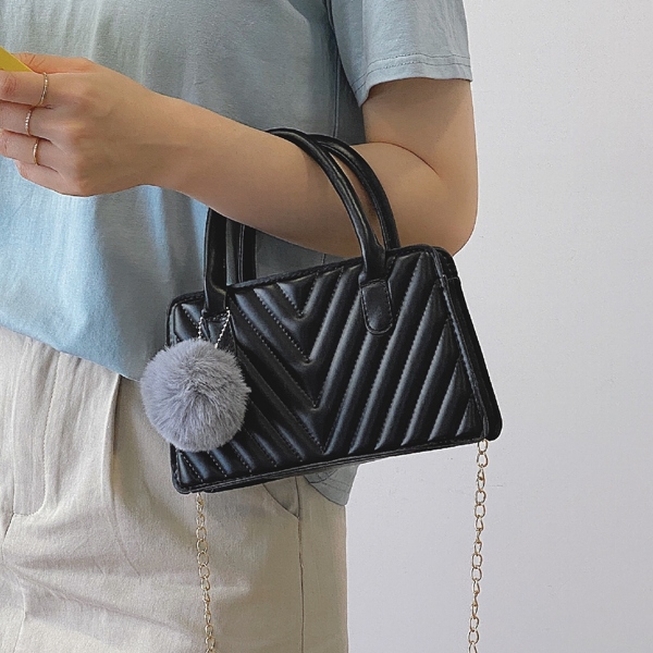 

Pom Pom Decor Chain Satchel Bag, Black