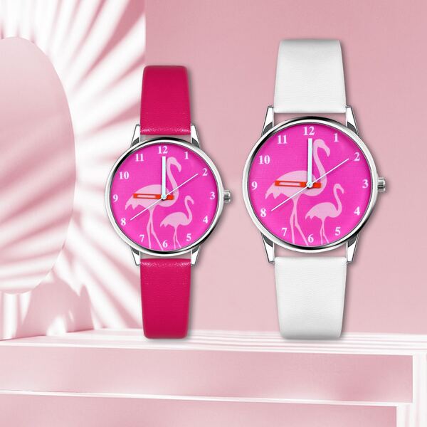 

2pcs Flamingo Dial Round Pointer Quartz Watch