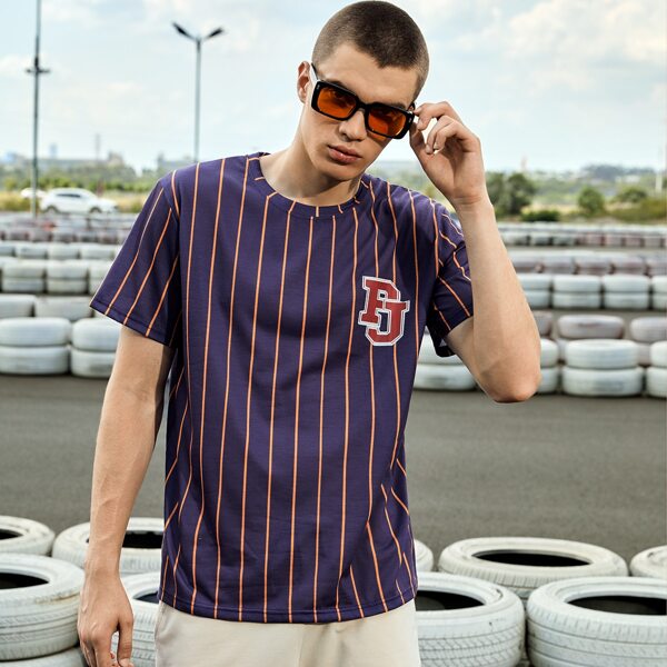 

Men Striped Letter Graphic Tee, Navy blue