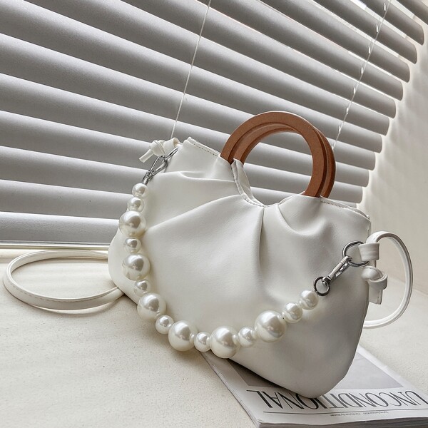 

Faux Pearl Decor Ruched Design Satchel Bag, Beige