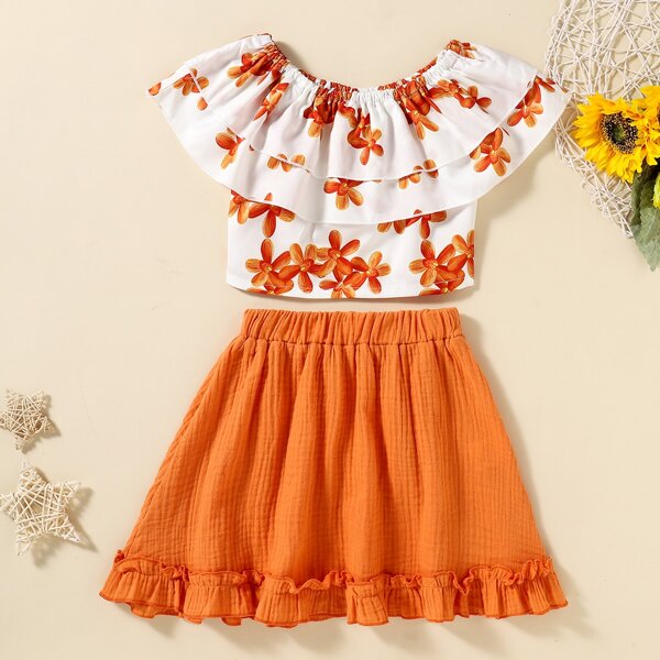 

Toddler Girls Floral Layered Ruffle Top With Skirt, Multicolor