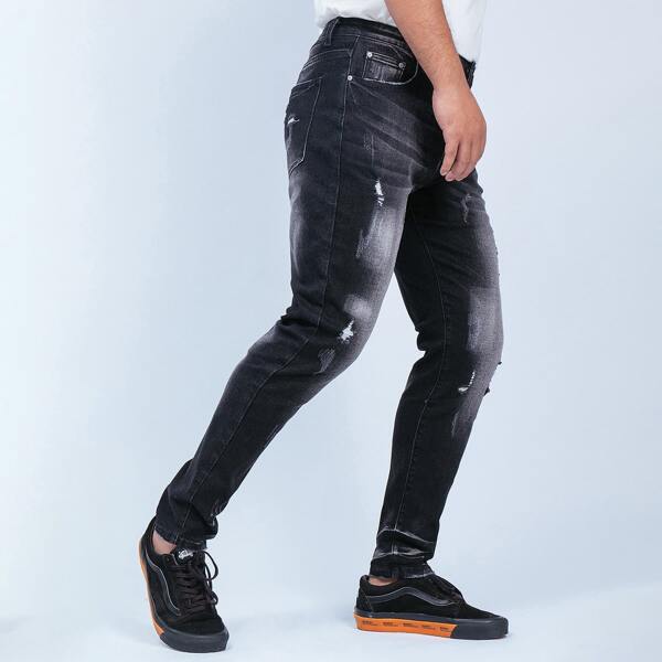 

Men Ripped Slant Pocket Washed Jeans, Black