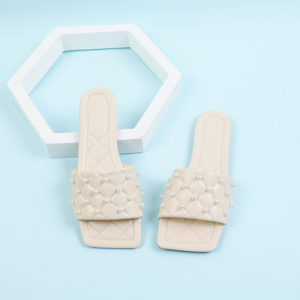 

Faux Pearl Decor Quilted Slide Sandals, Beige