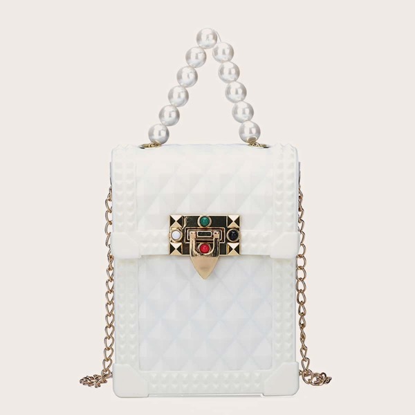 

Faux Pearl Beaded Flap Chain Bag, White