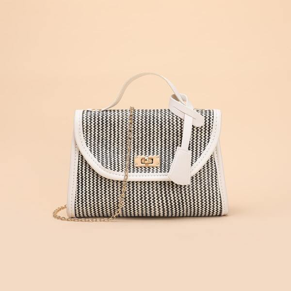 

Braided Design Push Lock Chain Bag, Grey