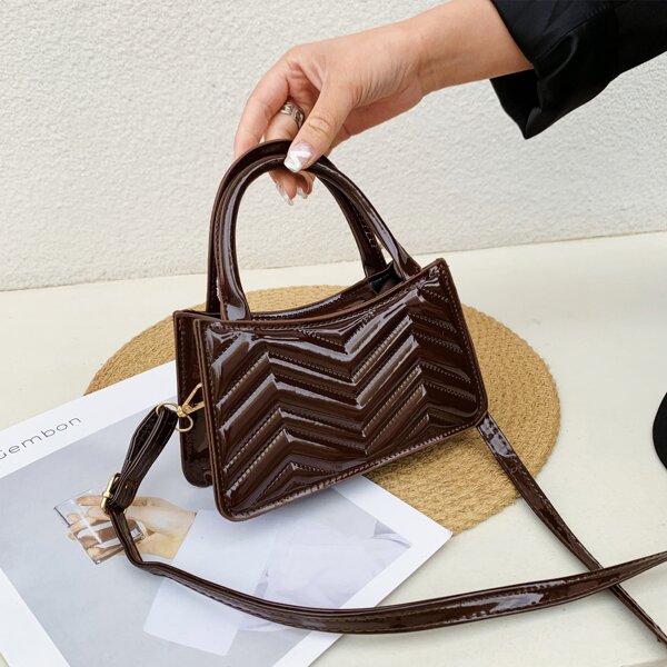 

Double Handle Chevron Satchel Bag, Coffee brown
