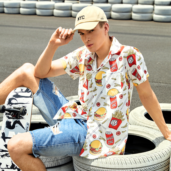 

Men Burger And Fries Print Button Front Shirt, Multicolor