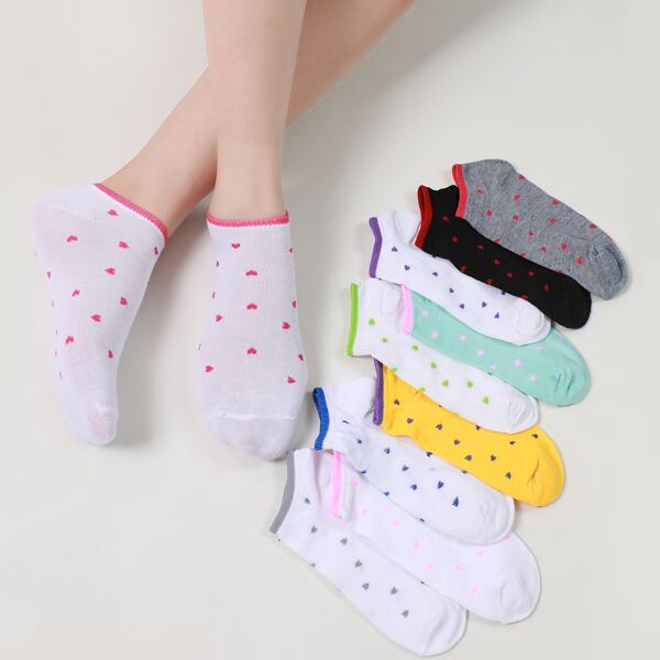 

10pairs Heart Print Ankle Socks, Multicolor
