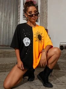 SHEIN Unity Camiseta larga de hombros caídos de dos colores con estampado de sol y luna - Naranja Quemada - Ver 1