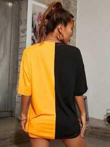 SHEIN Unity Camiseta larga de hombros caídos de dos colores con estampado de sol y luna - Naranja Quemada - Ver 2