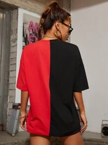 SHEIN Unity Camiseta larga de hombros caídos de dos colores con estampado de sol y luna - Rojo - Ver 2