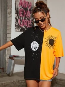 SHEIN Unity Camiseta larga de hombros caídos de dos colores con estampado de sol y luna - Naranja Quemada - Ver 3