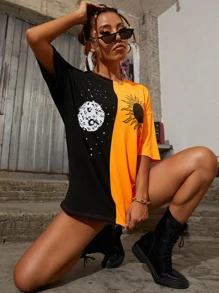 SHEIN Unity Camiseta larga de hombros caídos de dos colores con estampado de sol y luna - Naranja Quemada - Ver 4
