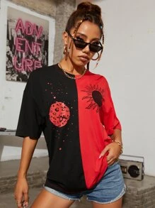 SHEIN Unity Camiseta larga de hombros caídos de dos colores con estampado de sol y luna - Rojo - Ver 4