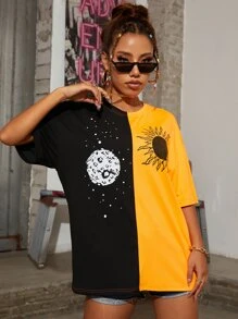 SHEIN Unity Camiseta larga de hombros caídos de dos colores con estampado de sol y luna - Naranja Quemada - Ver 5