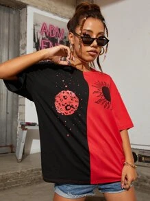 SHEIN Unity Camiseta larga de hombros caídos de dos colores con estampado de sol y luna - Rojo - Ver 5