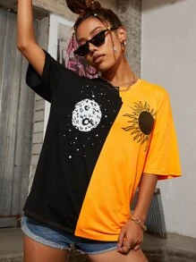 SHEIN Unity Camiseta larga de hombros caídos de dos colores con estampado de sol y luna - Naranja Quemada - Ver 6