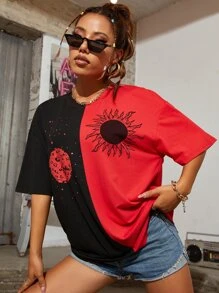 SHEIN Unity Camiseta larga de hombros caídos de dos colores con estampado de sol y luna - Rojo - Ver 6