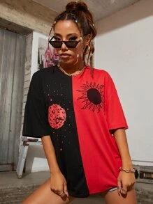SHEIN Unity Camiseta larga de hombros caídos de dos colores con estampado de sol y luna - Rojo - Ver 7