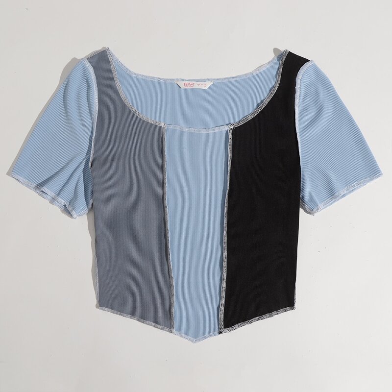 

Stitching Trim Colorblock Ribbed Tee, Multicolor