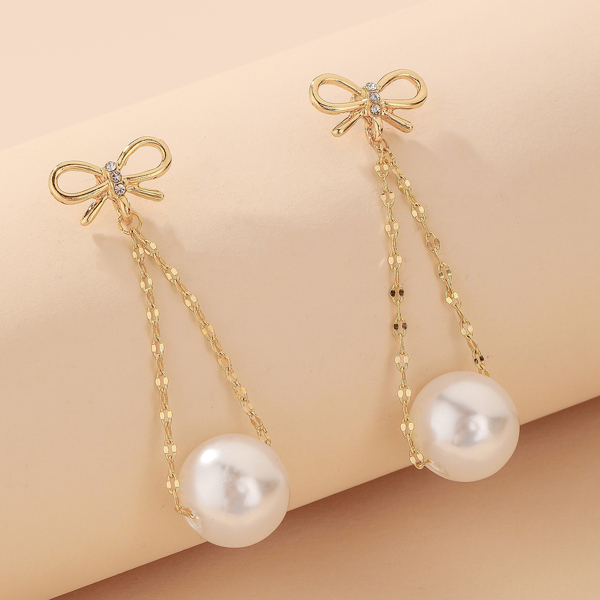 

Bow & Pearl Decor Drop Earrings, Gold